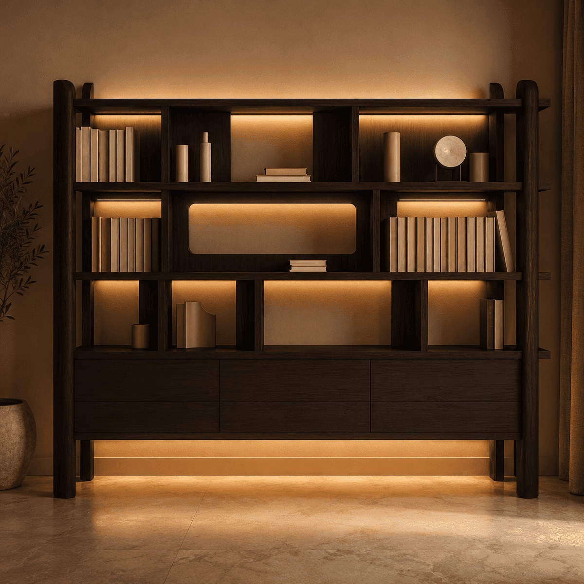Backlit oak cabinetry with open shelving