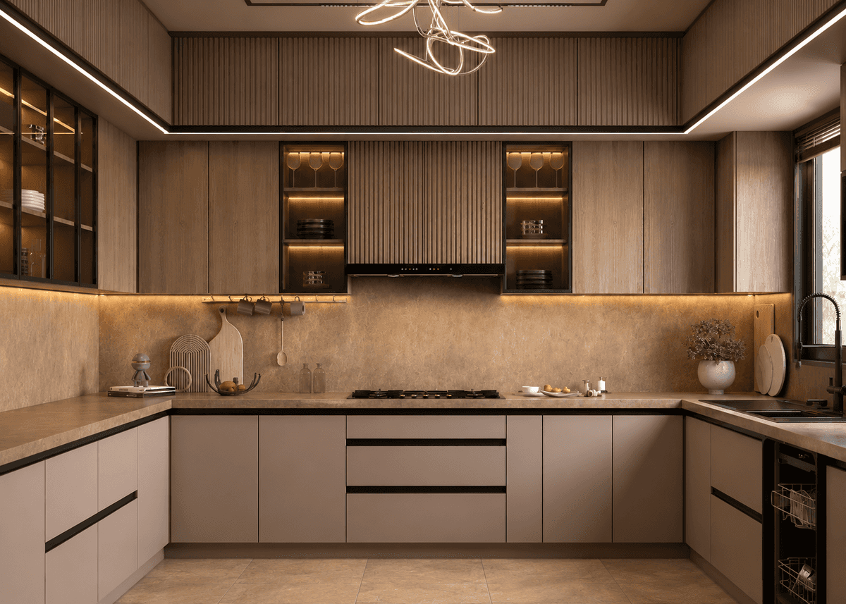 Modular kitchen in warm oak with brass accents